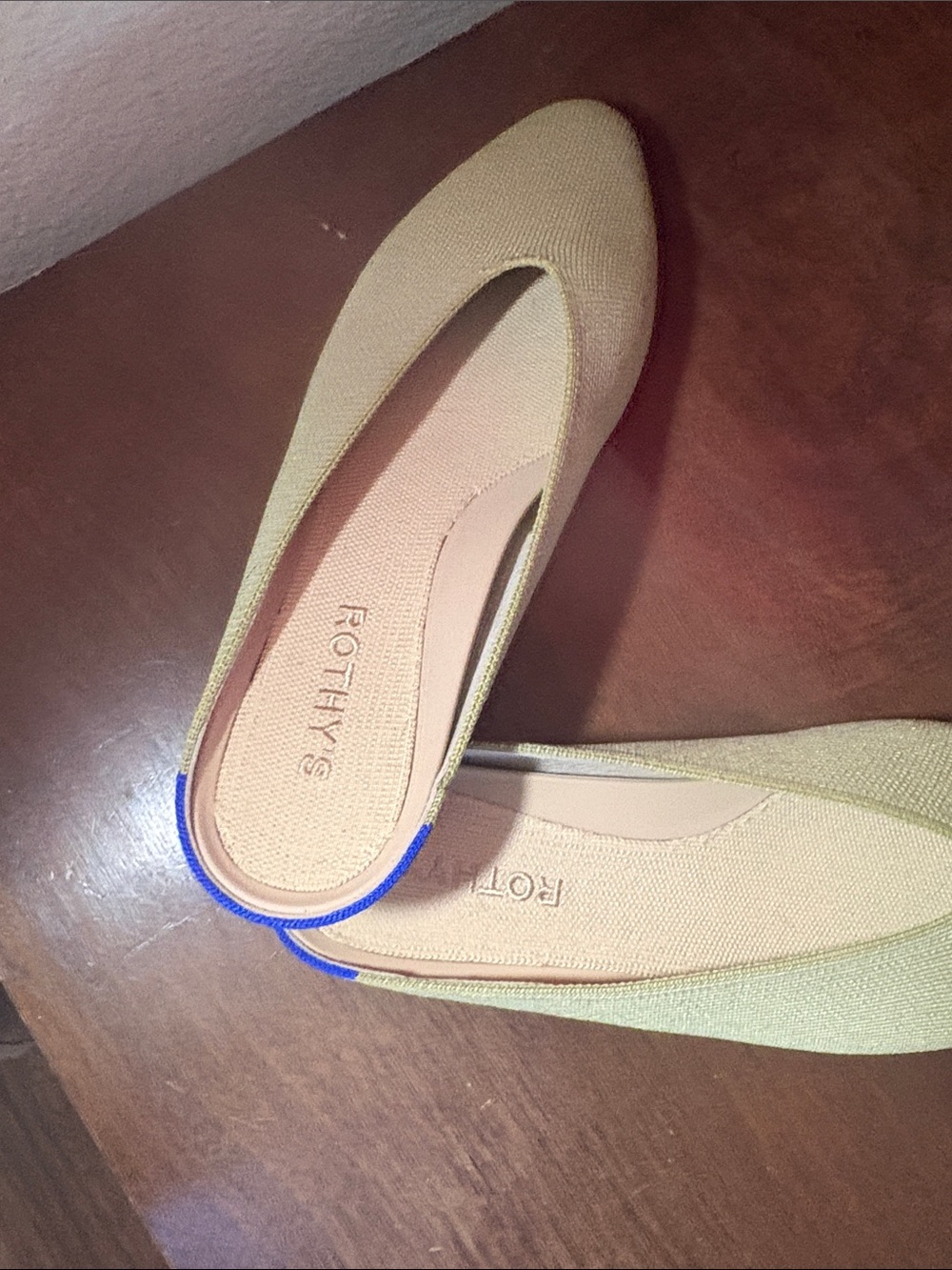 Rothy's Pointed Slip-On Mules in Light Green with Blue Trim - Picture 2 of 3